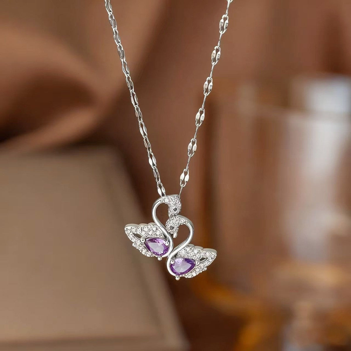 Steel Female Micro Inlaid Pink Diamond Necklace