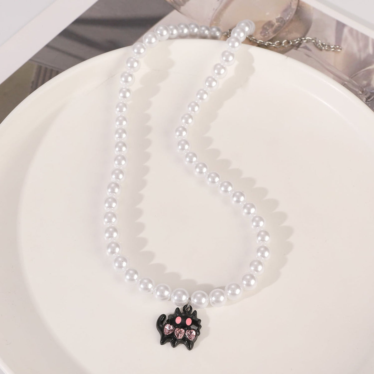 Gothic Retro Pink Cross Cat Stringed Pearls Necklaces
