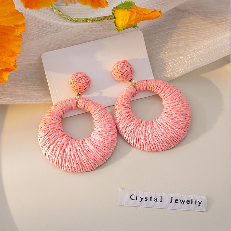 Women's Style Round Colorful Raffia Woven Hollowed Earrings