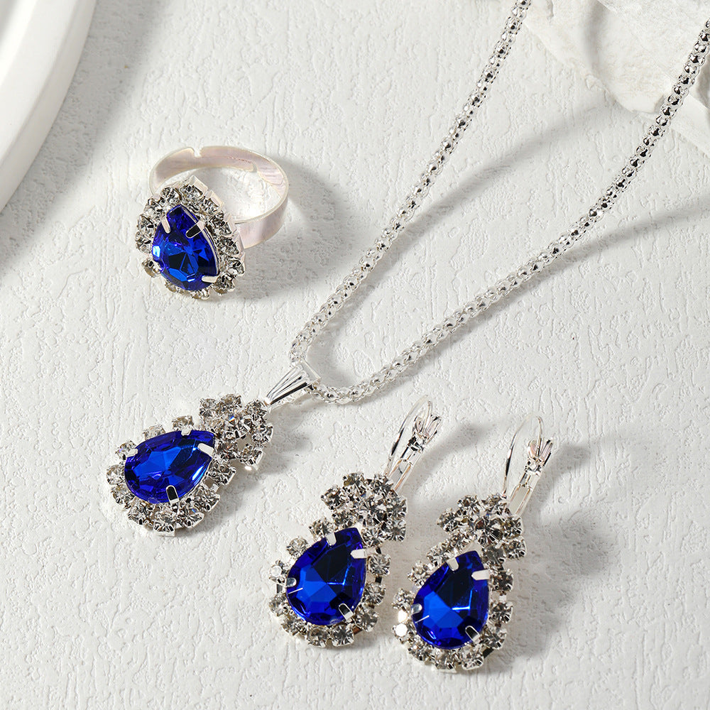 New Water Drop Heart-shaped Three-piece Jeweled Earrings