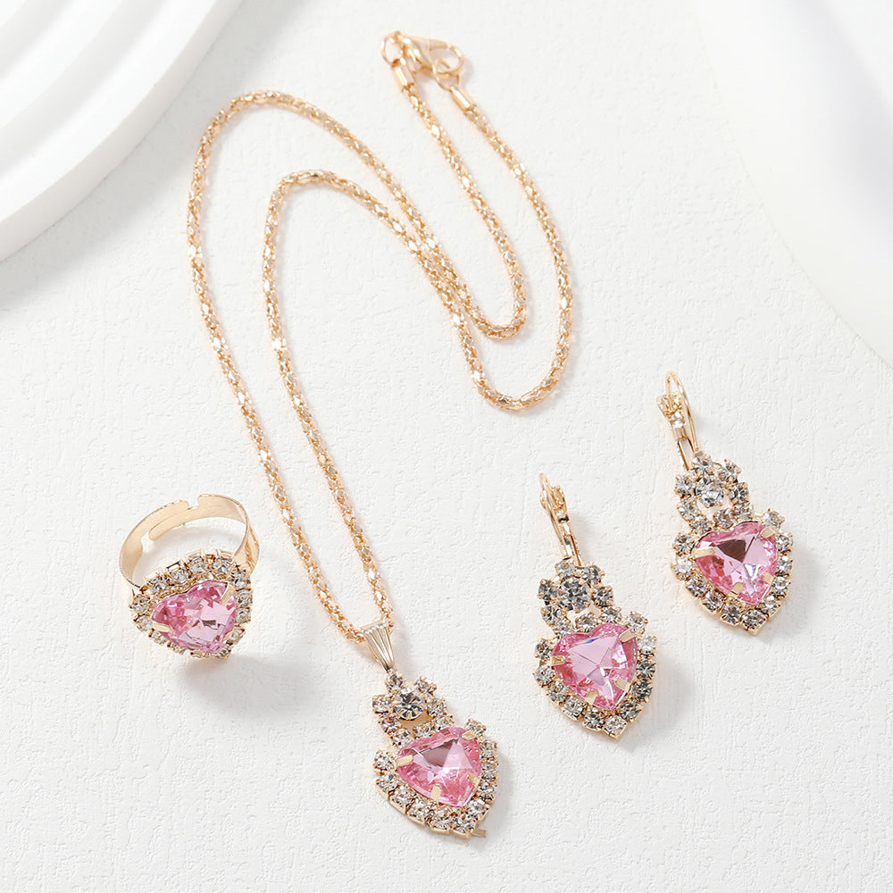New Water Drop Heart-shaped Three-piece Jeweled Earrings