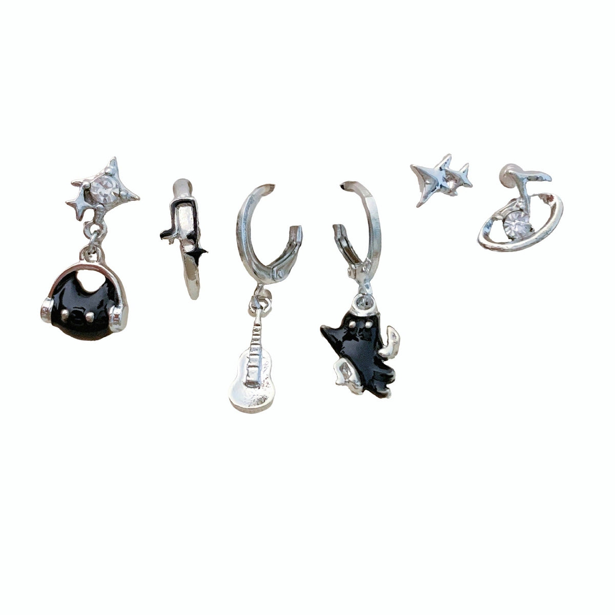 Cool Black Celesta Music Cat Earings Design Feeling Dripping Notes Stud Earrings