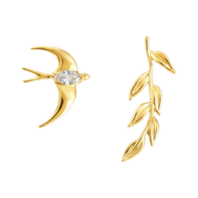Women's Gold-plated Swallow Leaves Zircon Ear Style Fashion Commuter Light Luxury Earrings