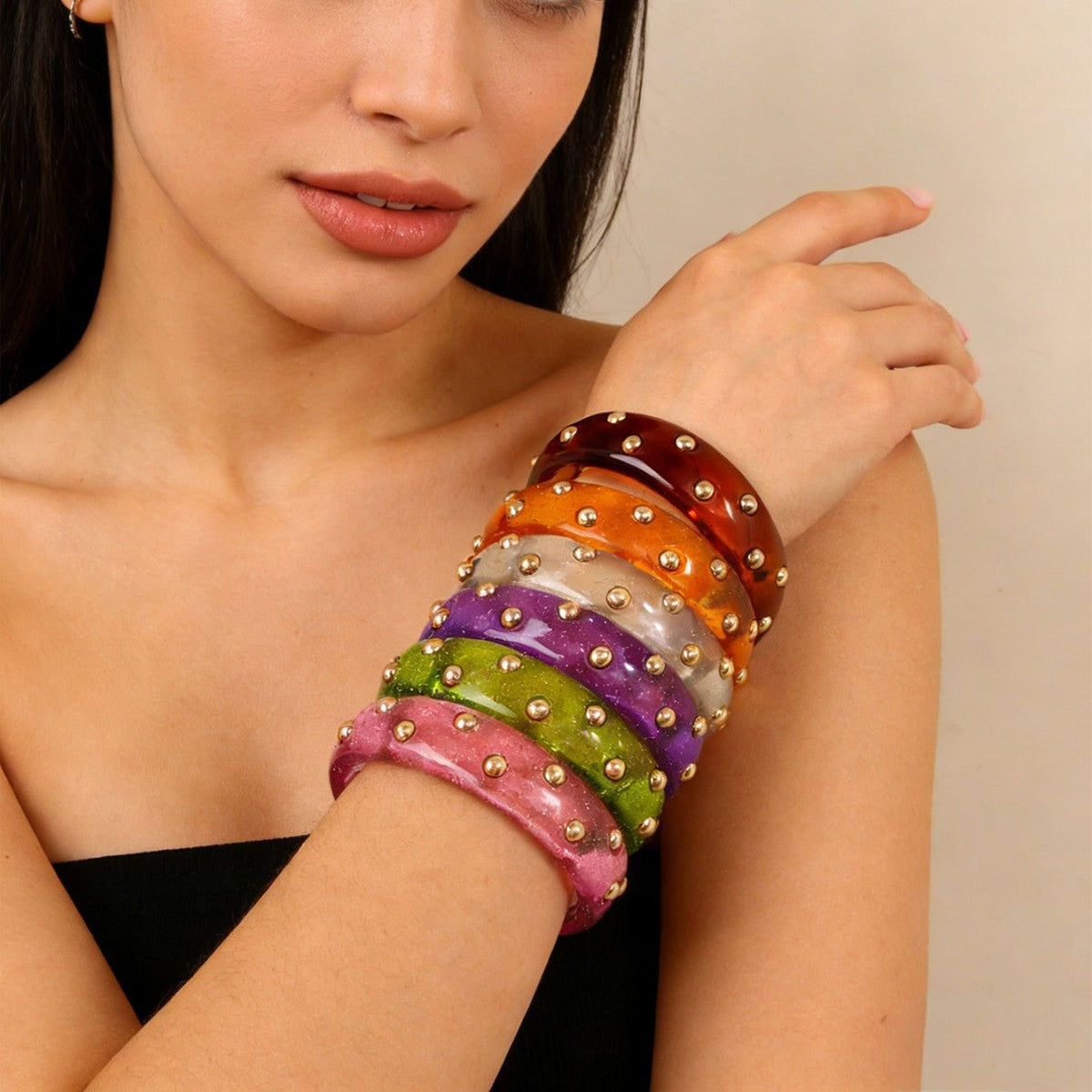 Fashion Personalized Transparent Sier Pink Diamond Gold Bean Color Resin Bracelet