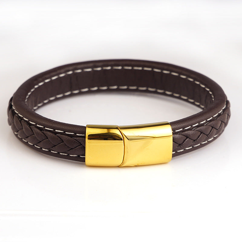 Men's Steel Stainless Magnetic Snap Genuine Leather Rope Bracelets
