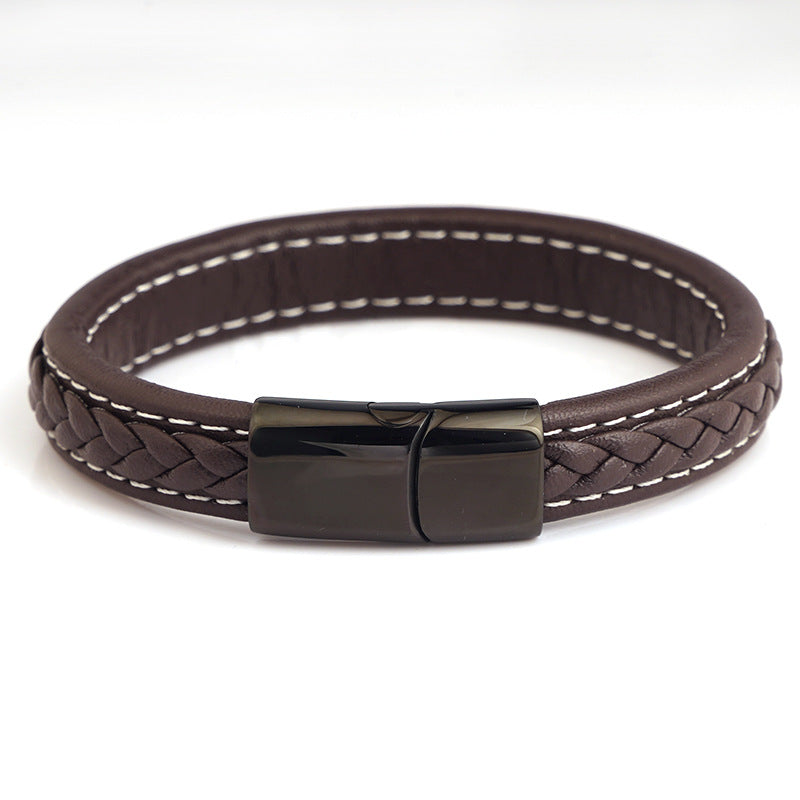 Men's Steel Stainless Magnetic Snap Genuine Leather Rope Bracelets