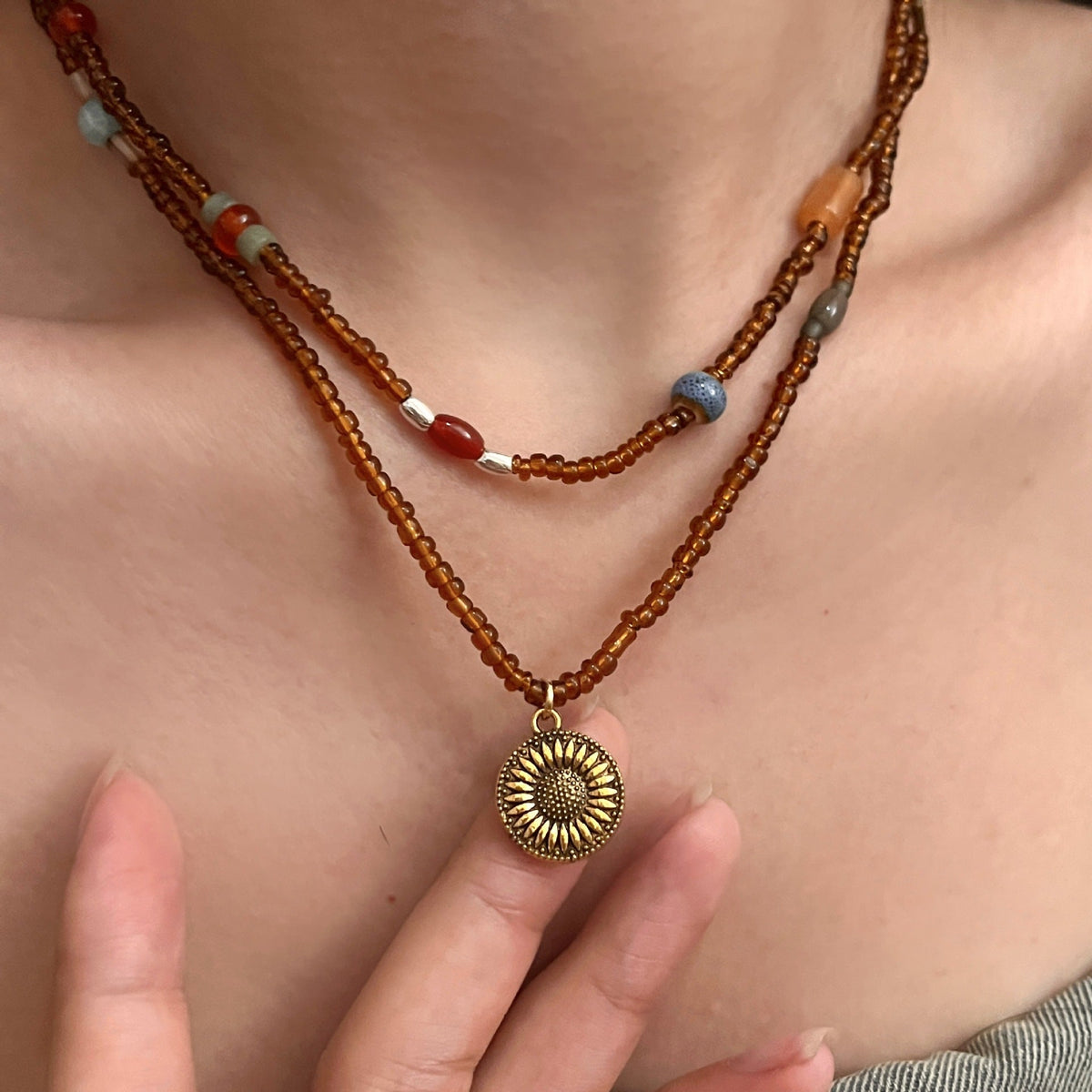 Chain Vintage Metal Sunflower Tag Natural Stone Brown Necklace
