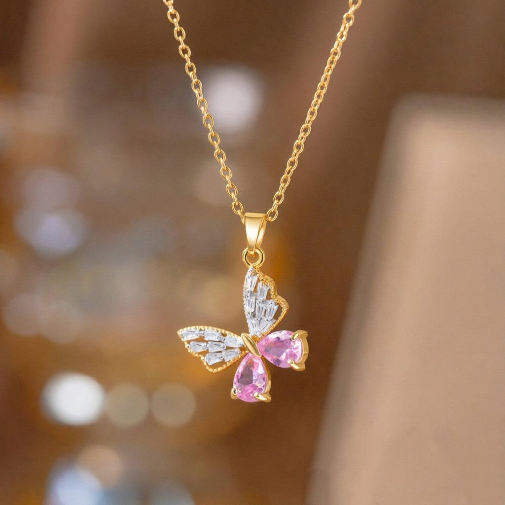 Steel Female Micro Inlaid Pink Diamond Necklace