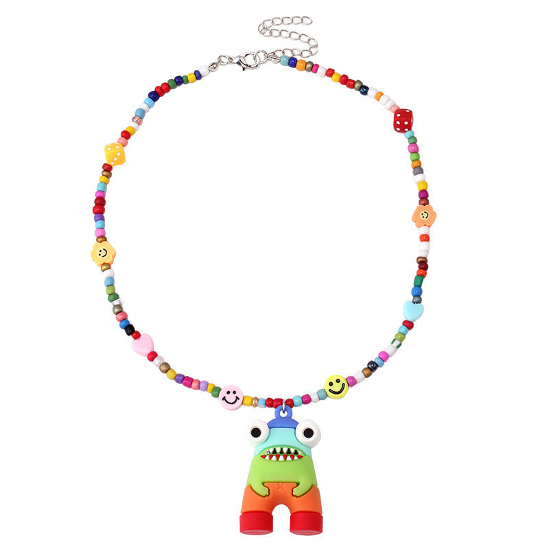 Rainbow Cartoon Polymer Clay Monster Niche Hip Necklace