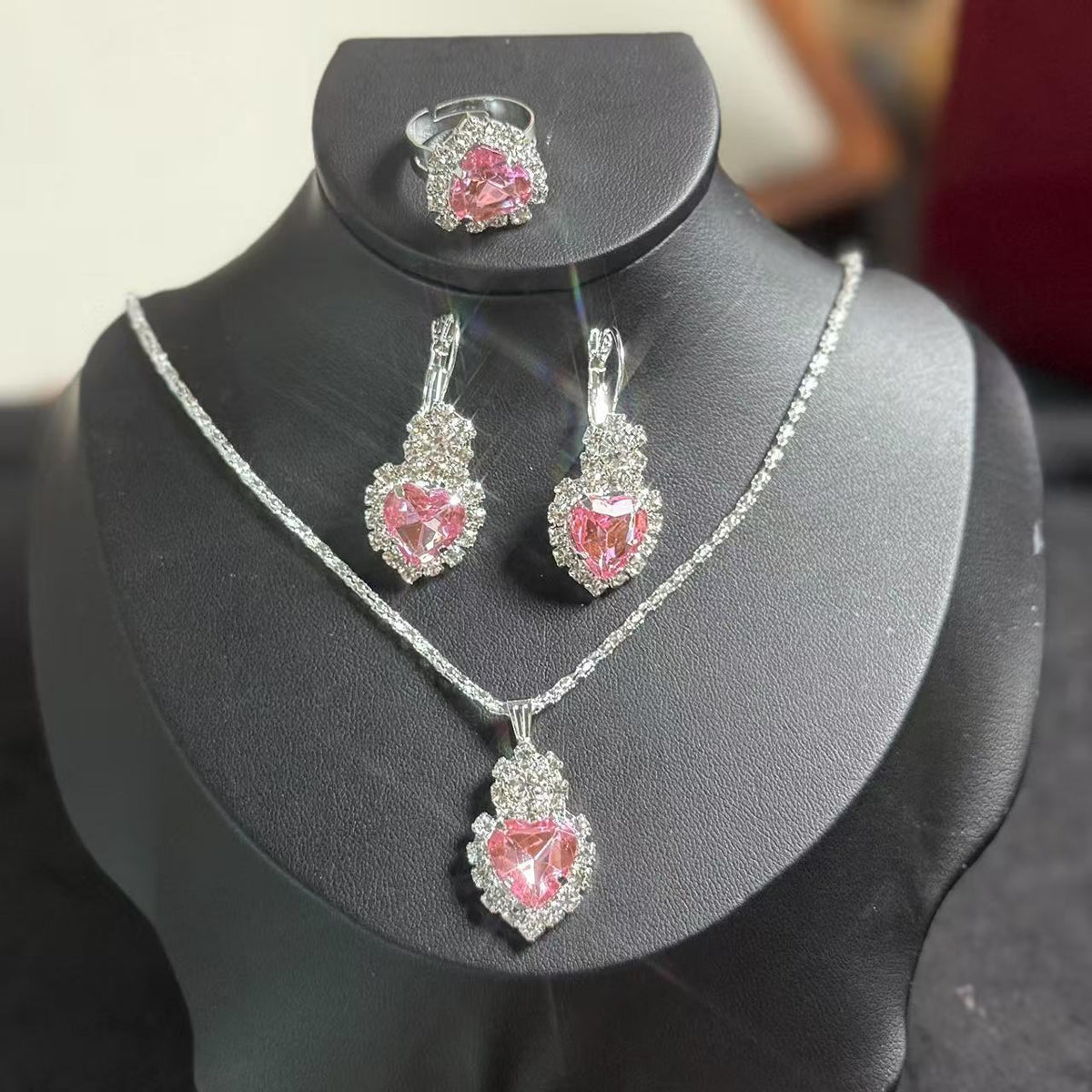 New Water Drop Heart-shaped Three-piece Jeweled Earrings