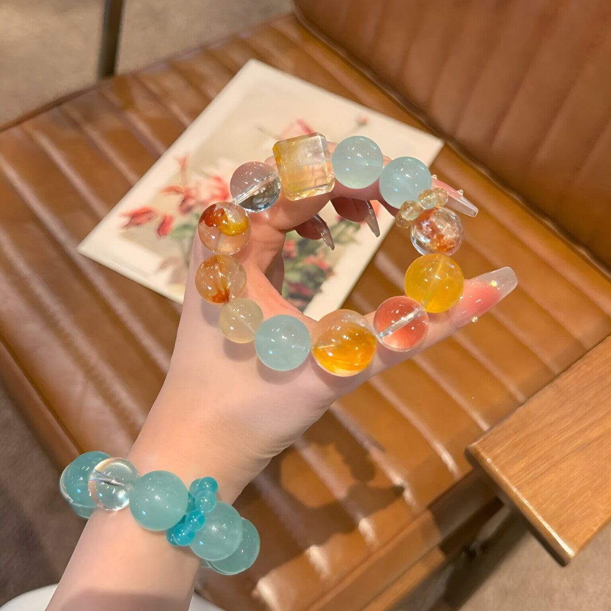Women's Moon Natural Red Sealant Olive Green Fluorite Bracelet