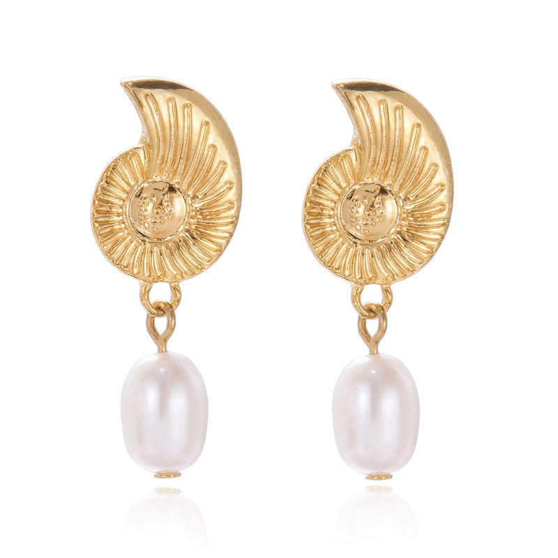 Beach Summer Seaside Starfish Conch Short Scallop Pearl Earrings