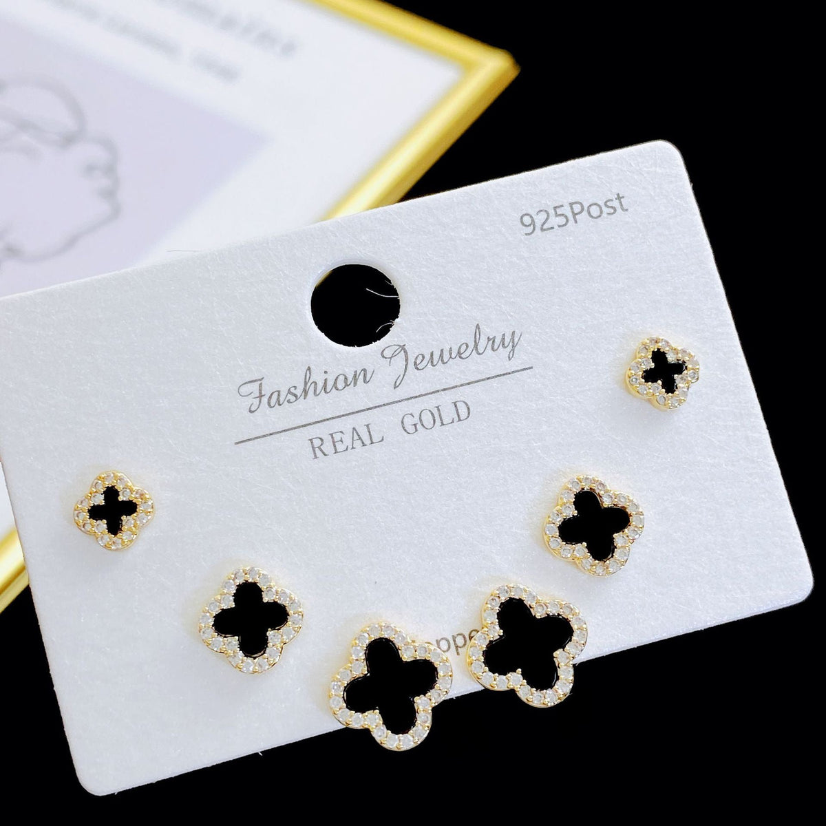 Exquisite Fashion Zircon Four-leaf Flower One Card Three Pairs Stud Earrings