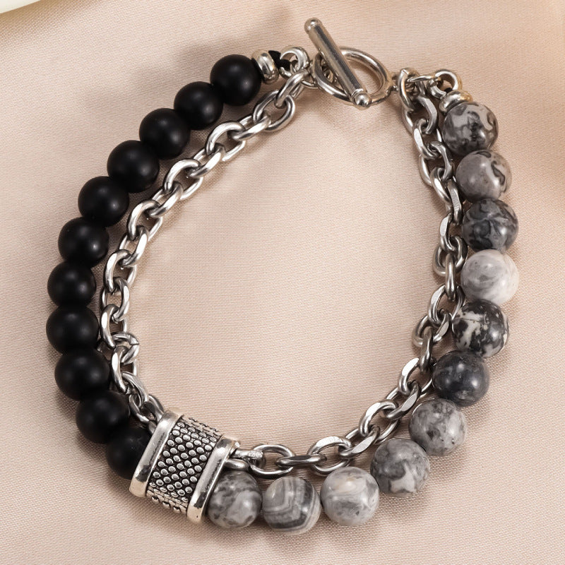 Men's Natural Unique Map Stone Beaded Iron Bracelets