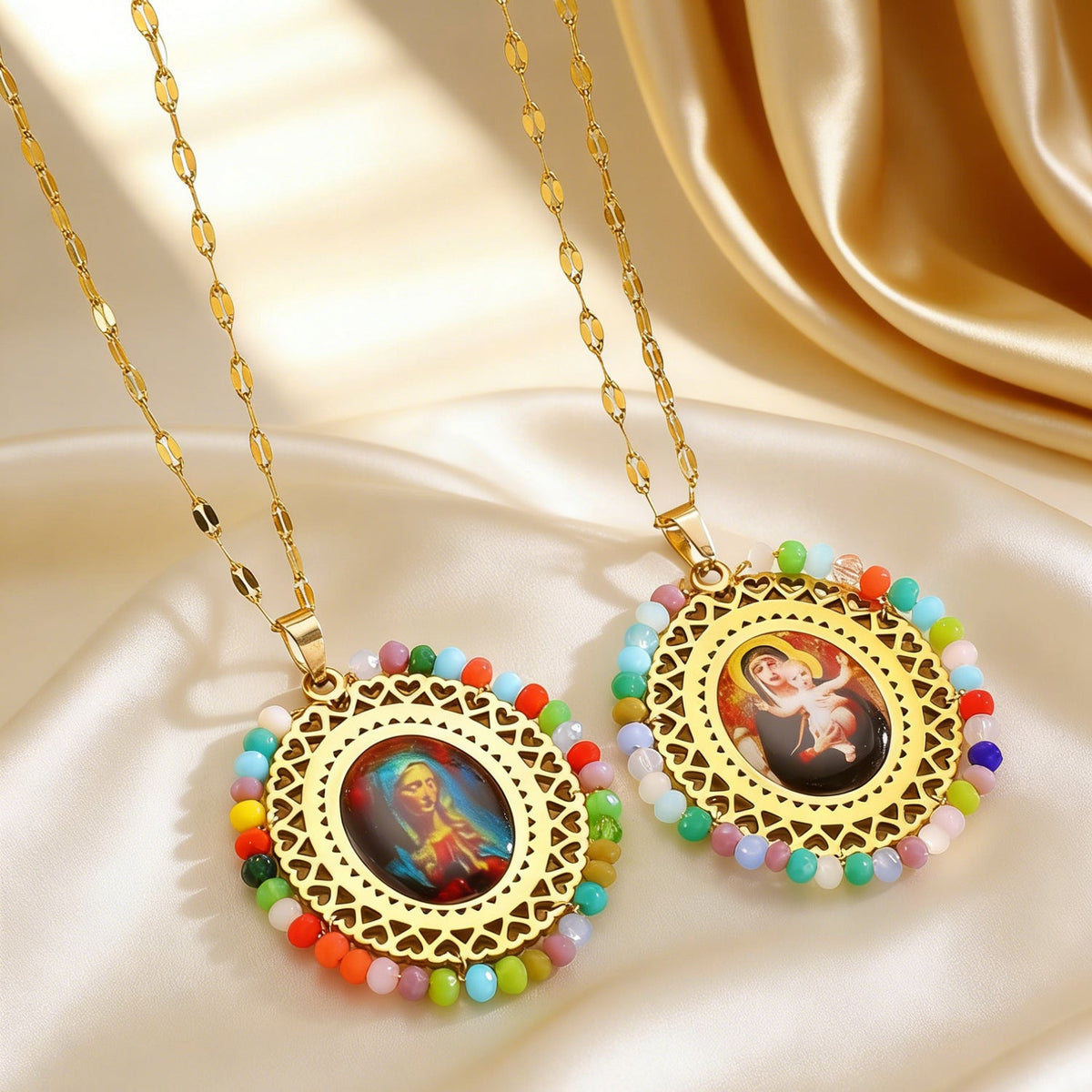 Stainless Steel Color Crystal Virgin Portrait Hollow Oval Necklaces