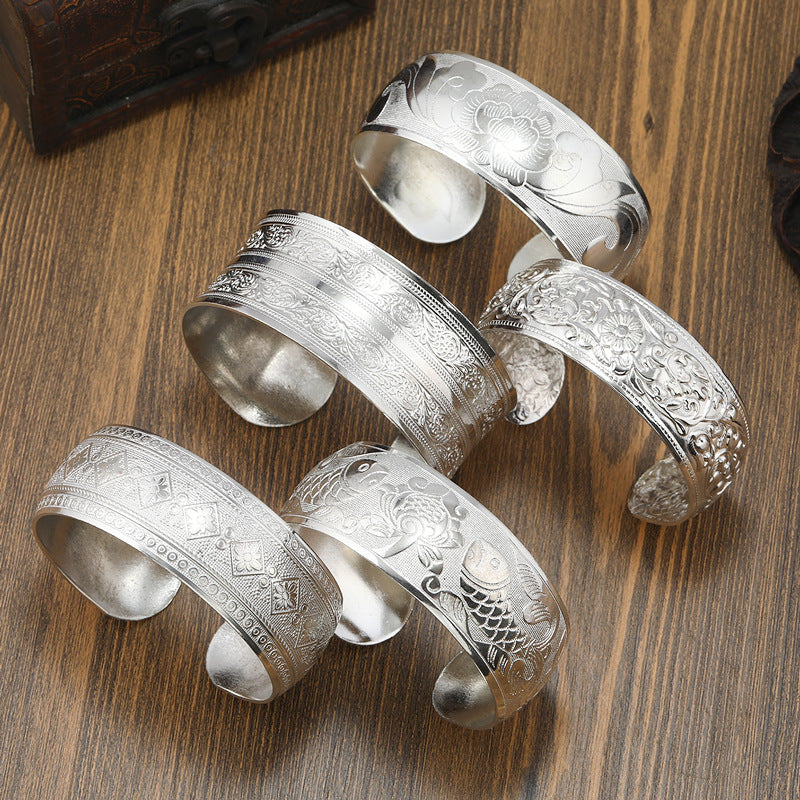 Women's Sier Personalized Opening Wide Chinese Ancient Handmade Bracelets