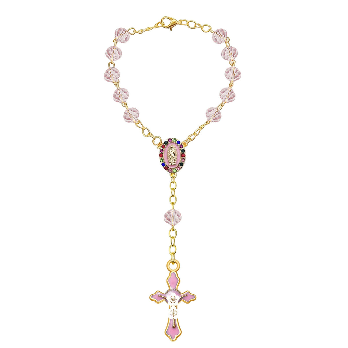 Women's & Men's Pink Crystal Diamond Triangle Cross Baptism Bracelet