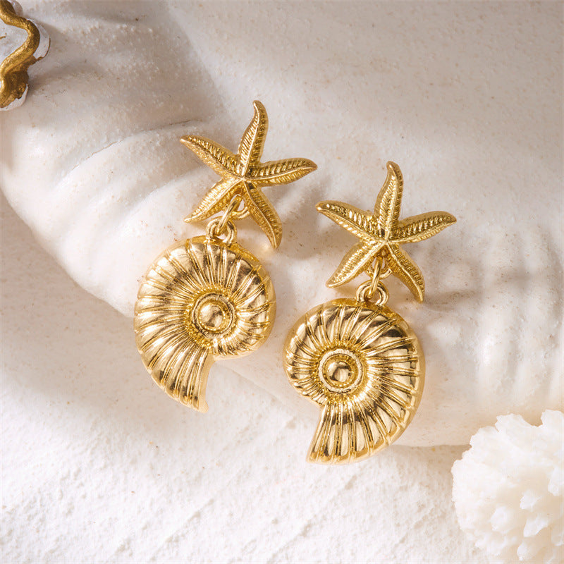 Beach Summer Seaside Starfish Conch Short Scallop Pearl Earrings
