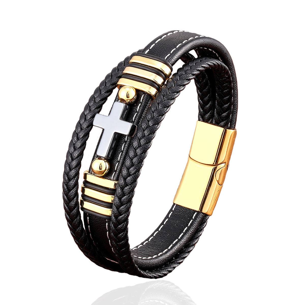 Men's Woven Leather Vintage Stone Cross Stainless Steel Bracelet