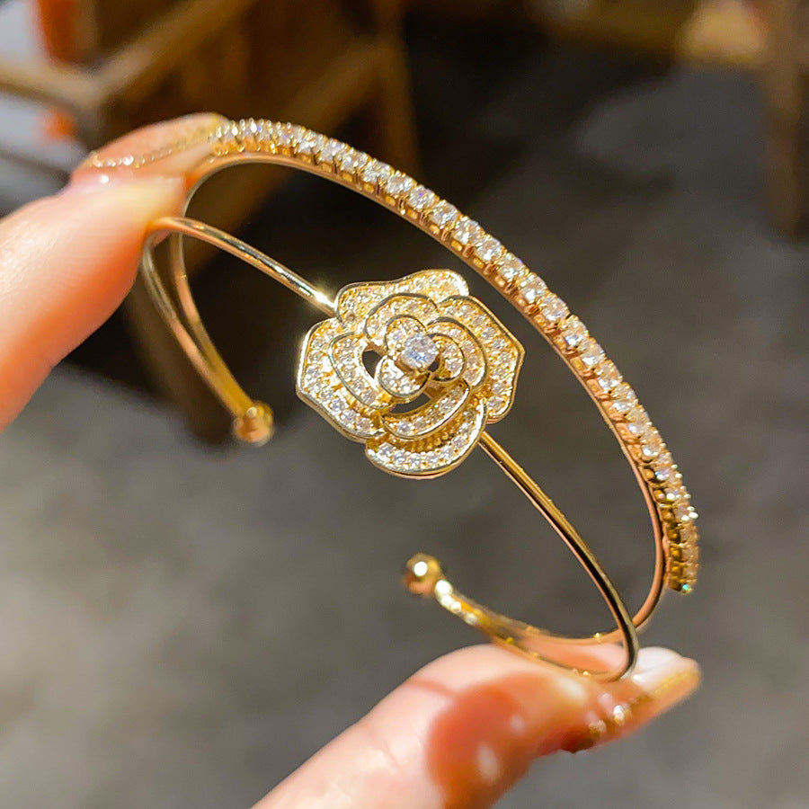 Cold Style Zircon Double Layer Flowers Openings Light Luxury High Bracelets