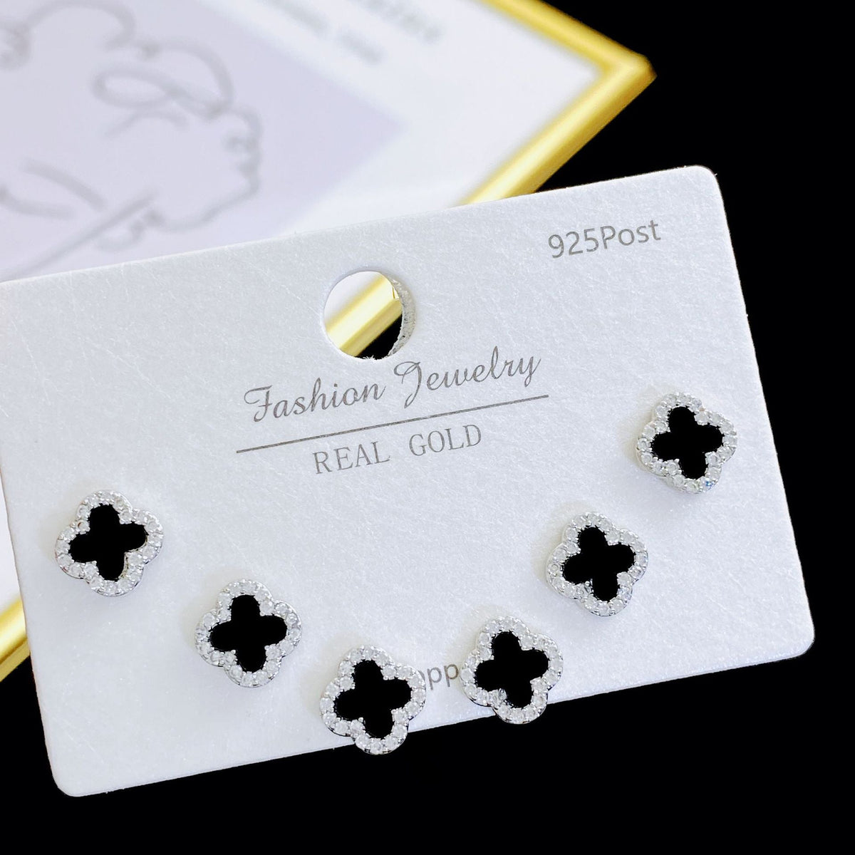 Exquisite Fashion Zircon Four-leaf Flower One Card Three Pairs Stud Earrings