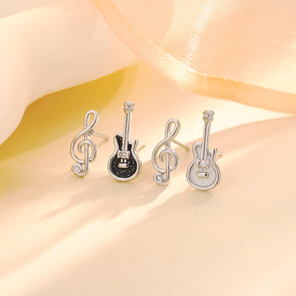 Cute Guitar Note Ear Design Sense Rhinestone Asymmetric Musical Instrument Stud Earrings