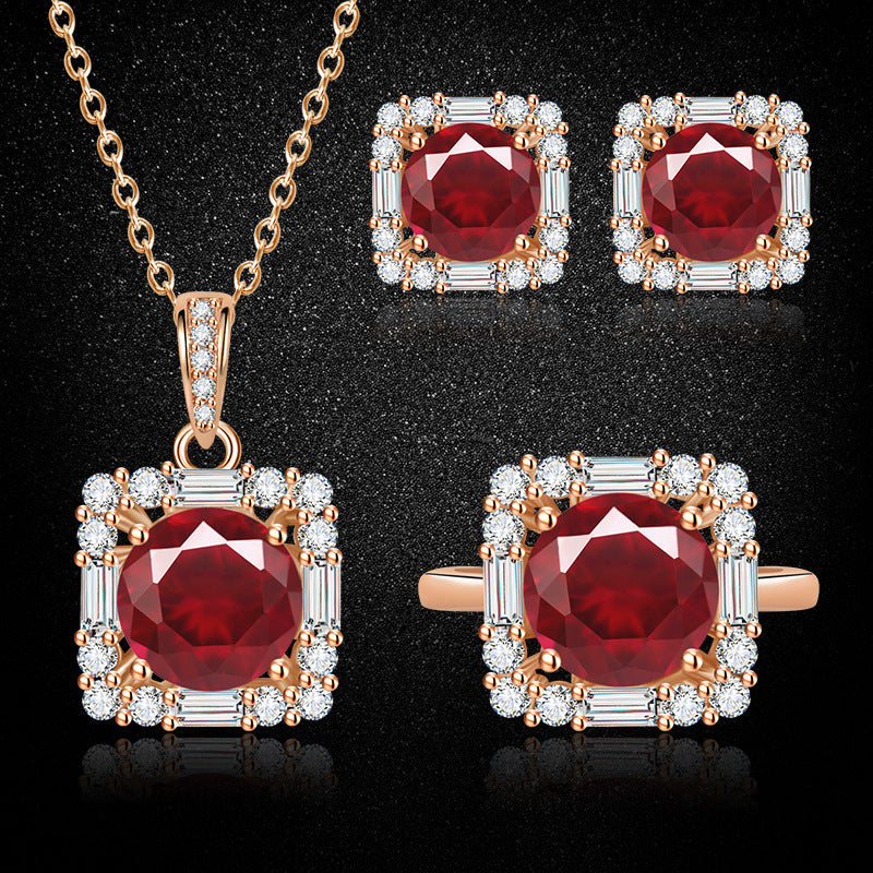 Colored Gems High-grade Full Diamond Red Jewelry Set