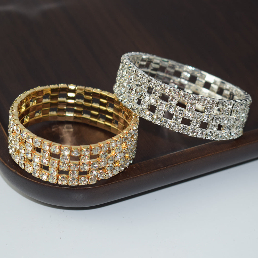 Elastic Hollow Rubber Band Full Rhinestone Exaggerated Wide Bangle Bracelets
