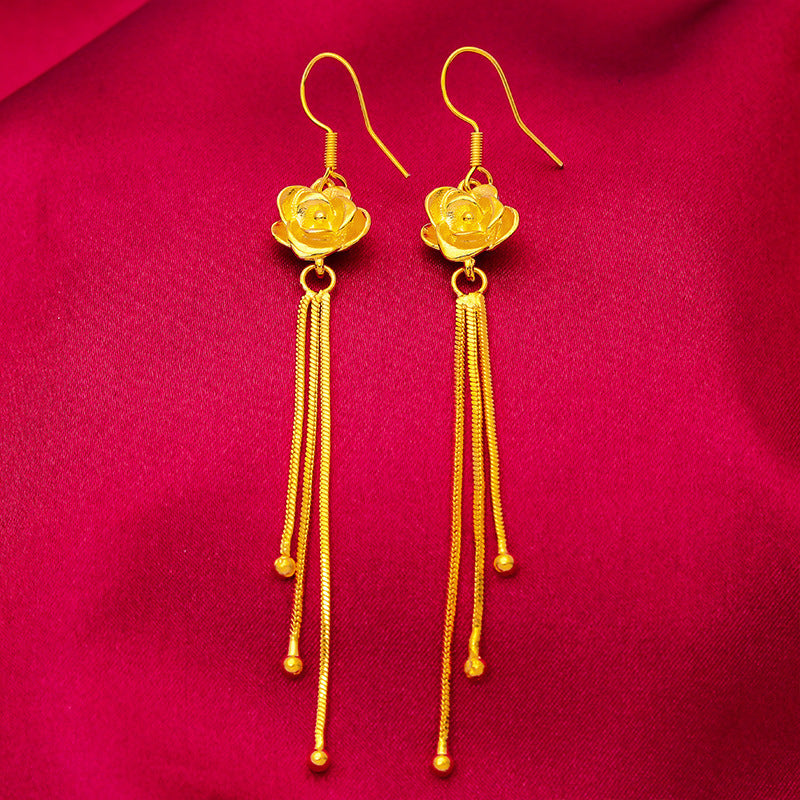 Women's Long Fringe Elegant Vietnam Placer Gold Earrings