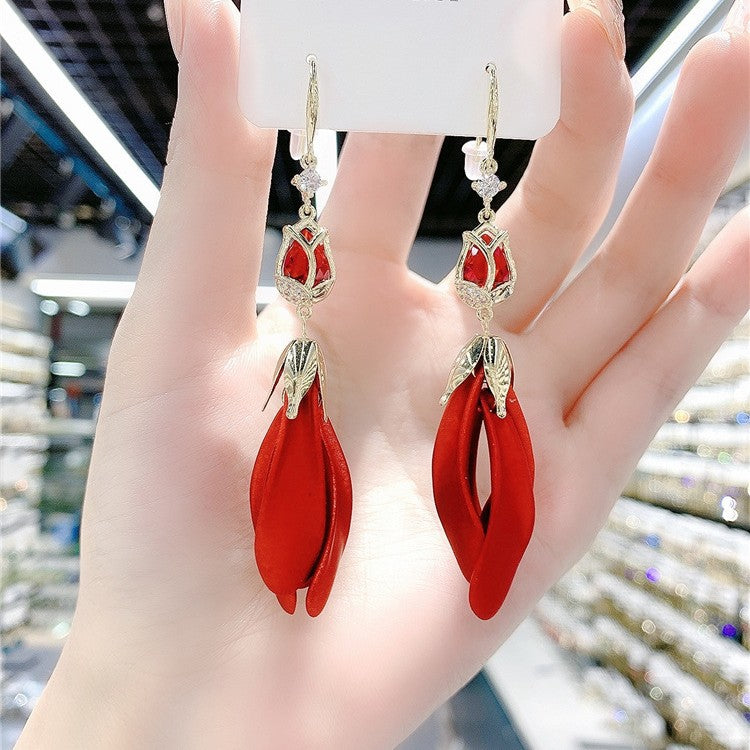 Women's Red Tulip Petal Trendy Elegant Long Earrings