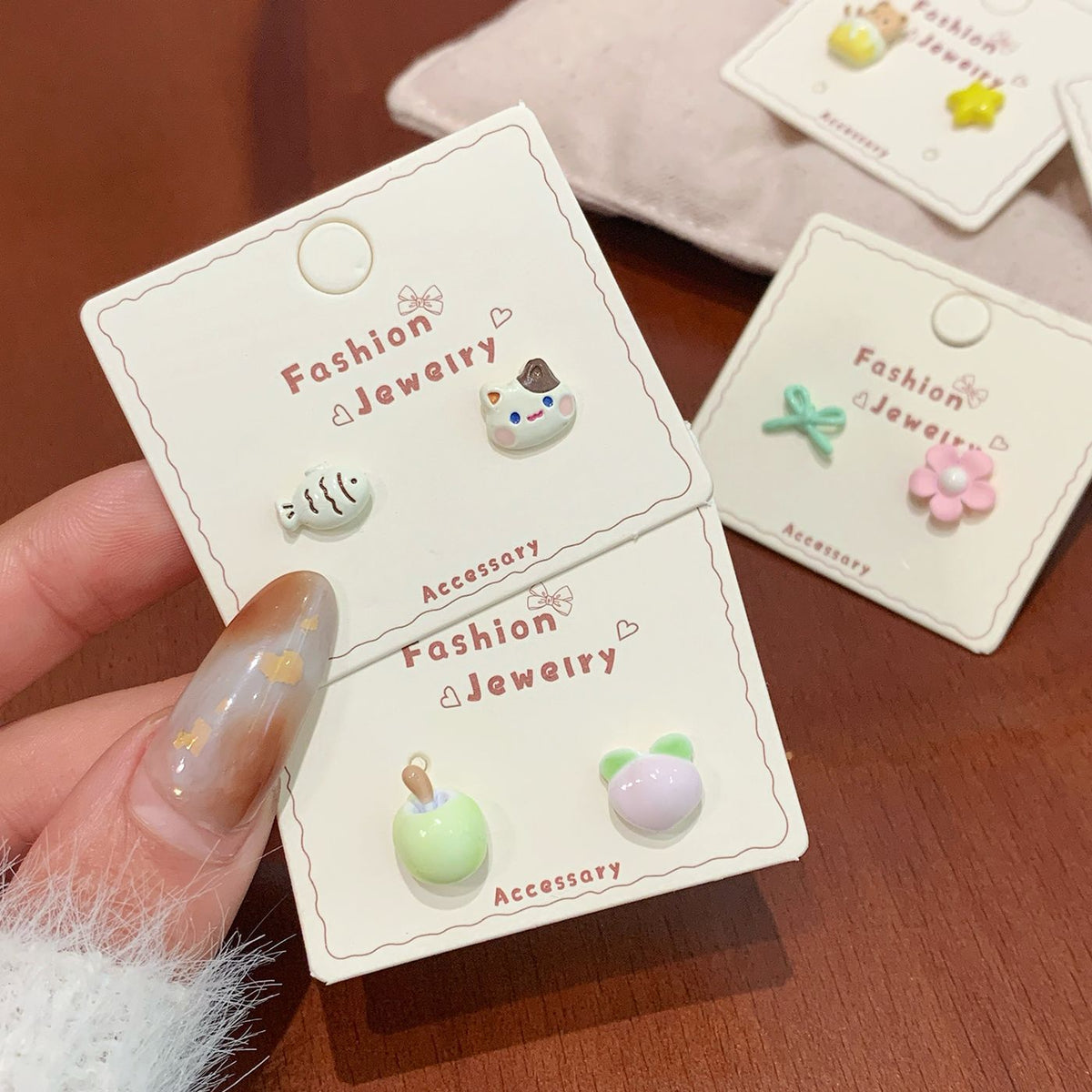 Colorful Fruit Cat Female Sier Needle Cartoon Cute Sweet Design Rings