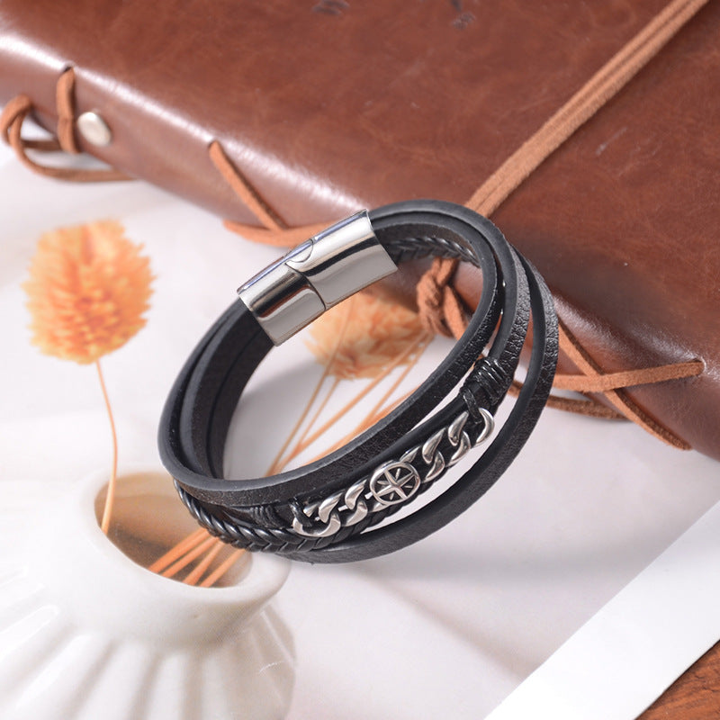 Men's Stainless Steel Chain Cross Woven Leather Bracelets