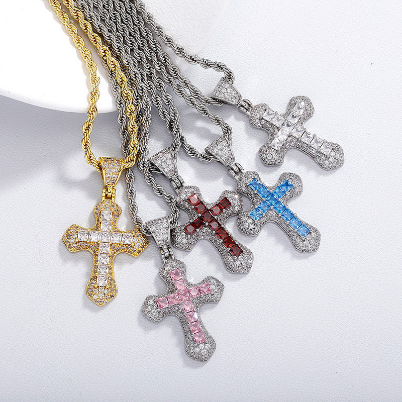 Men's Hip Hop Color Zircon Cross Fashion Sweater Pendant