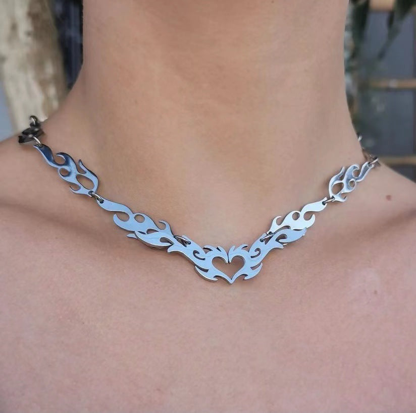 Fashion Punk Hollow Heart Hip Hop Flame Necklace