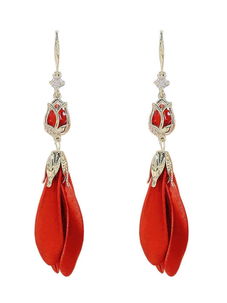 Women's Red Tulip Petal Trendy Elegant Long Earrings