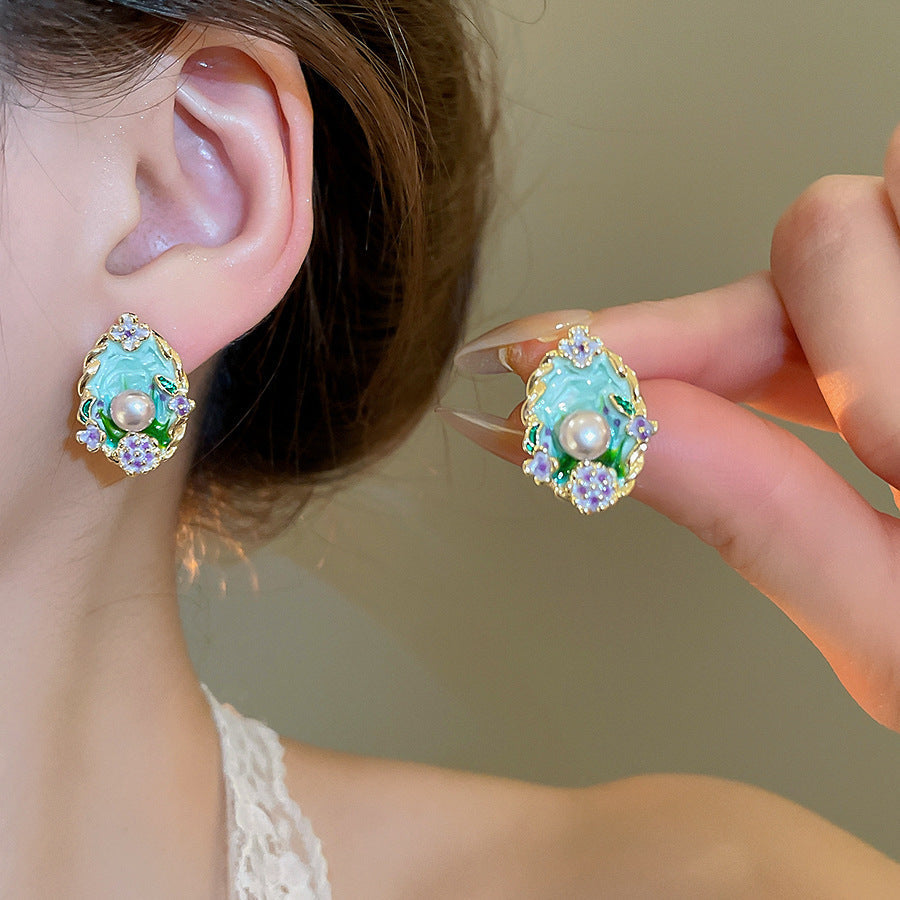 Jardin Monet Blue Glaze Flowers Pipa Pearl Chinese Retro Light Stud Earrings