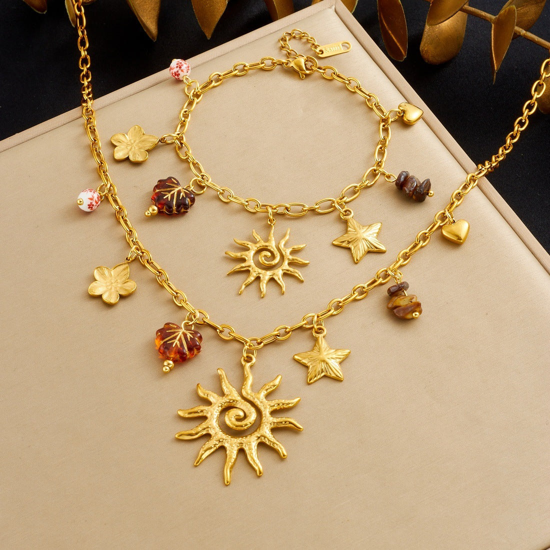 Fashion Gold-plated Star Sunflower Gravel Beaded Leaf Stainless Jewelry Set