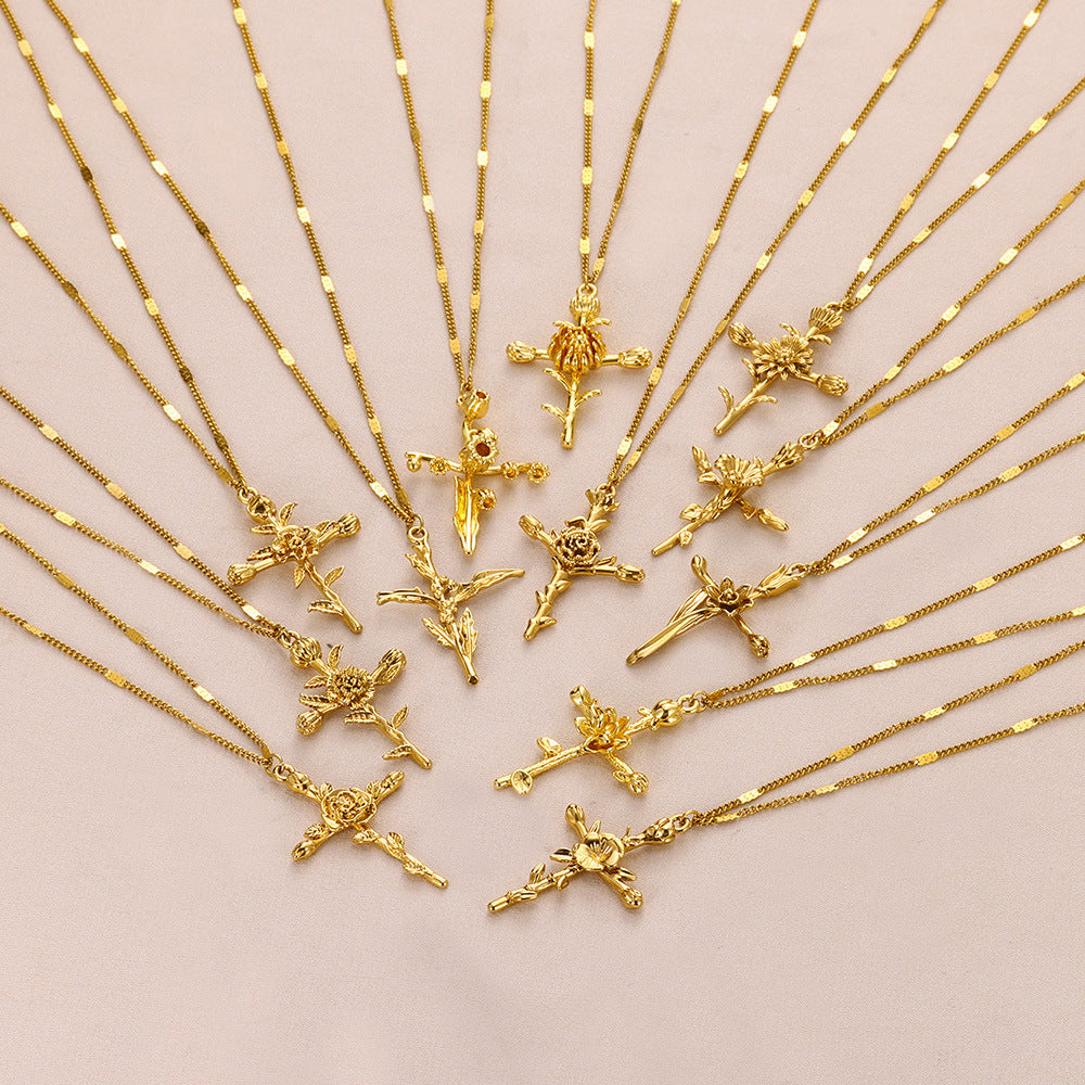Gold-plated December Flower Three-dimensional Birthday Cross Holiday Necklace
