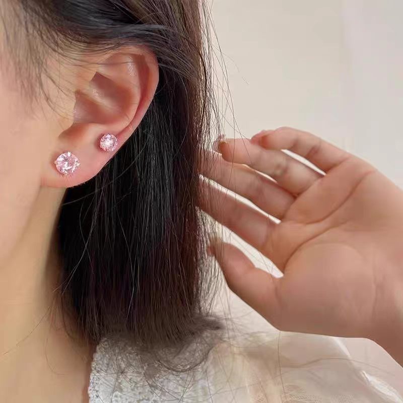 Women's Sier Pink Rhinestone Ear Flashing Classic Style Light Luxury Sleeping Earrings