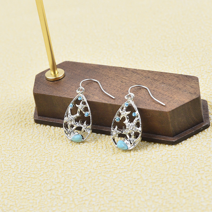 Stone Female Drop-shaped Starfish Hollow Out Sier Temperament Bohemian Earrings