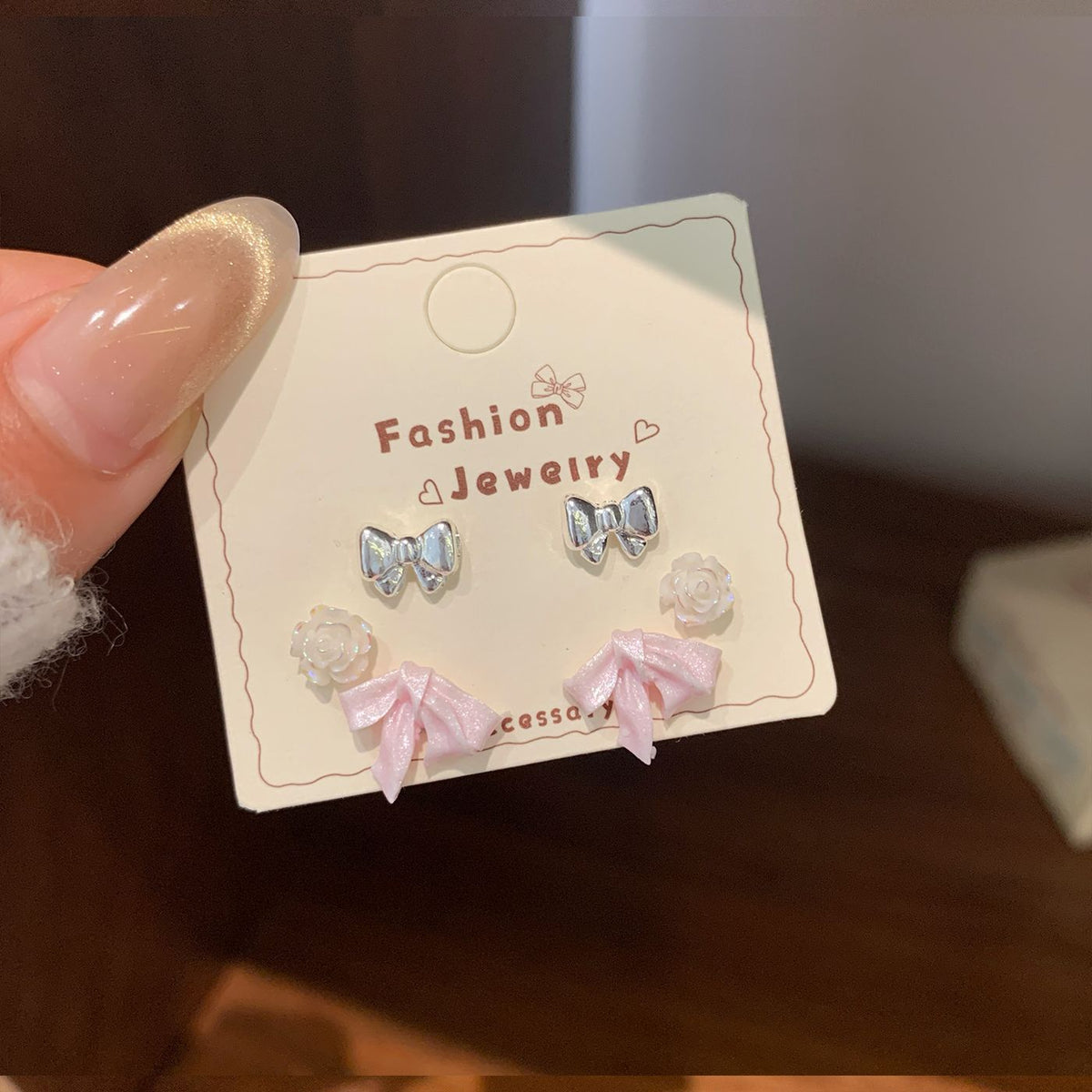 Women's Bow Flower Three-piece Sier Needle Exquisite Sweet Stud Earrings