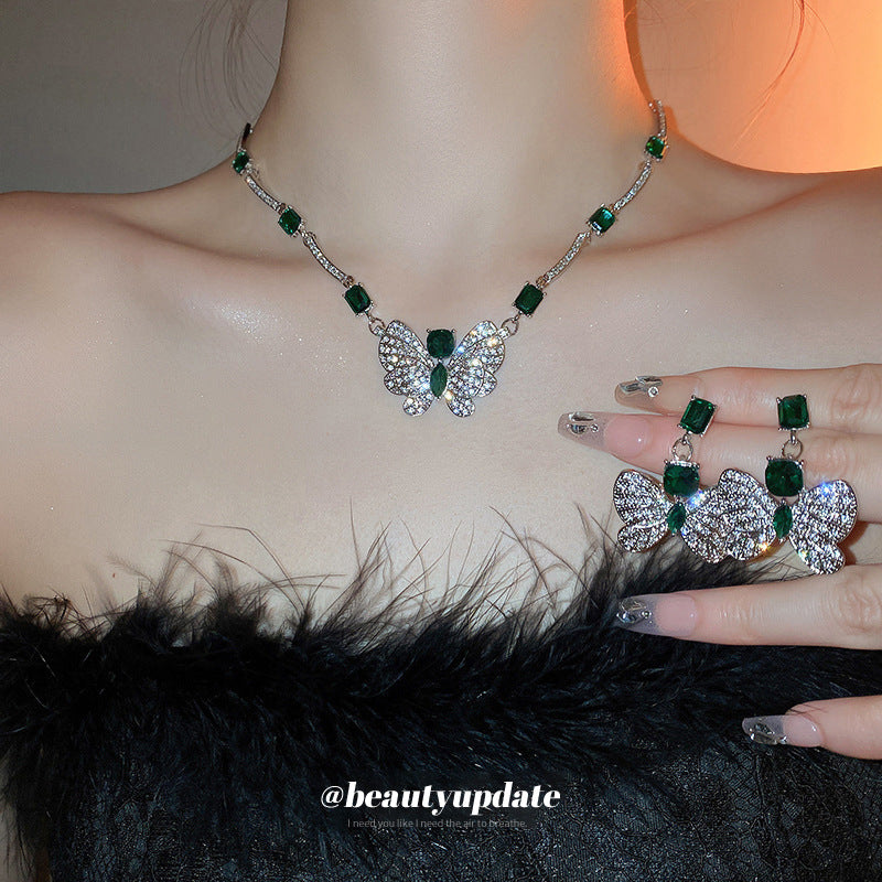 Butterfly Emerald Square Exaggerating Collarbone Light Luxury Jewelry Set