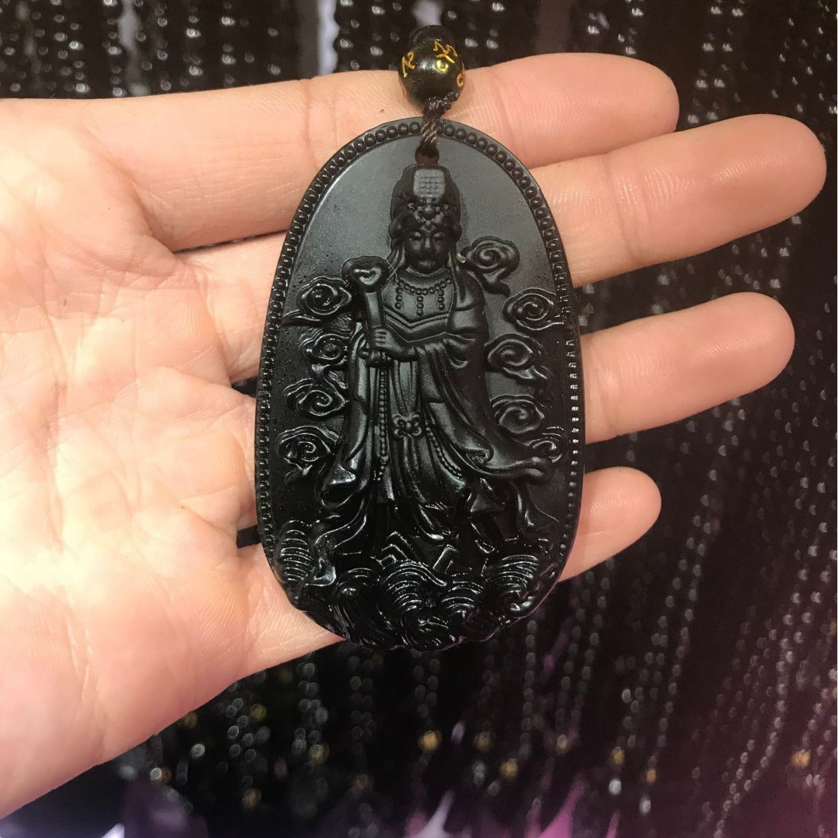 Men's Obsidian Pi Avalokitesvara Buddha Smooth Glass Necklaces