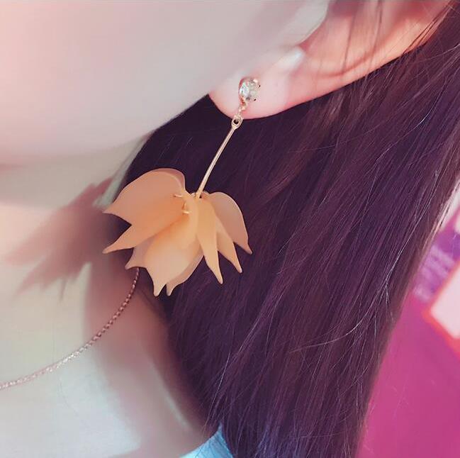Korean Style Frosted Leaf Petal Long Flower Tassel Lotus Earrings
