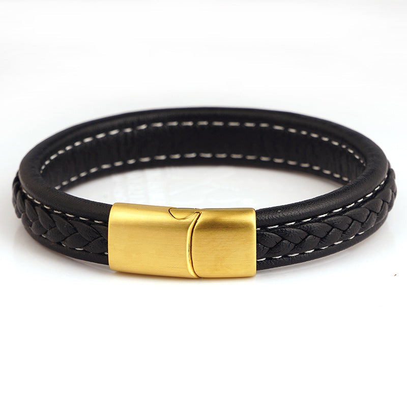 Men's Steel Stainless Magnetic Snap Genuine Leather Rope Bracelets