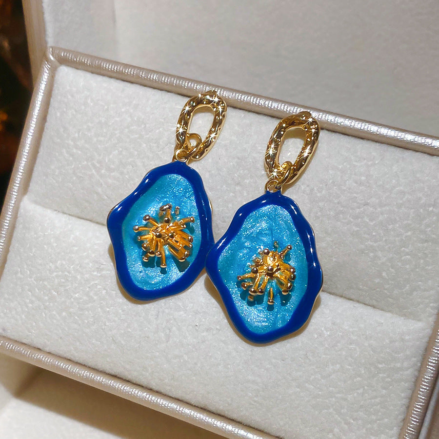 Jardin Monet Blue Glaze Flowers Pipa Pearl Chinese Retro Light Stud Earrings