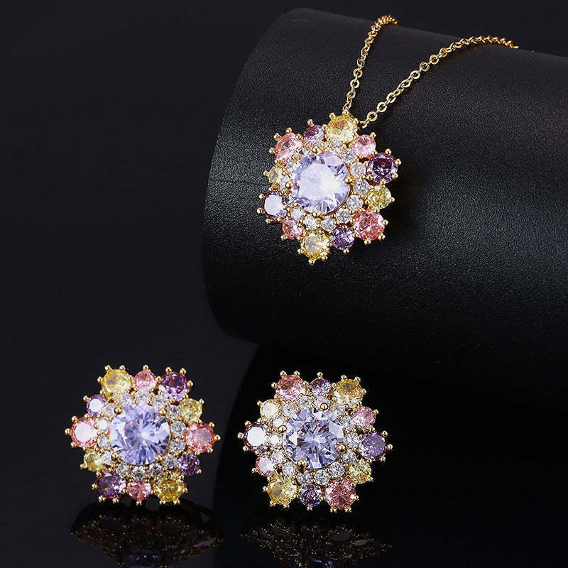 Colored Gems Sunflower Ear Gold-plated Full Rhinestone Necklaces