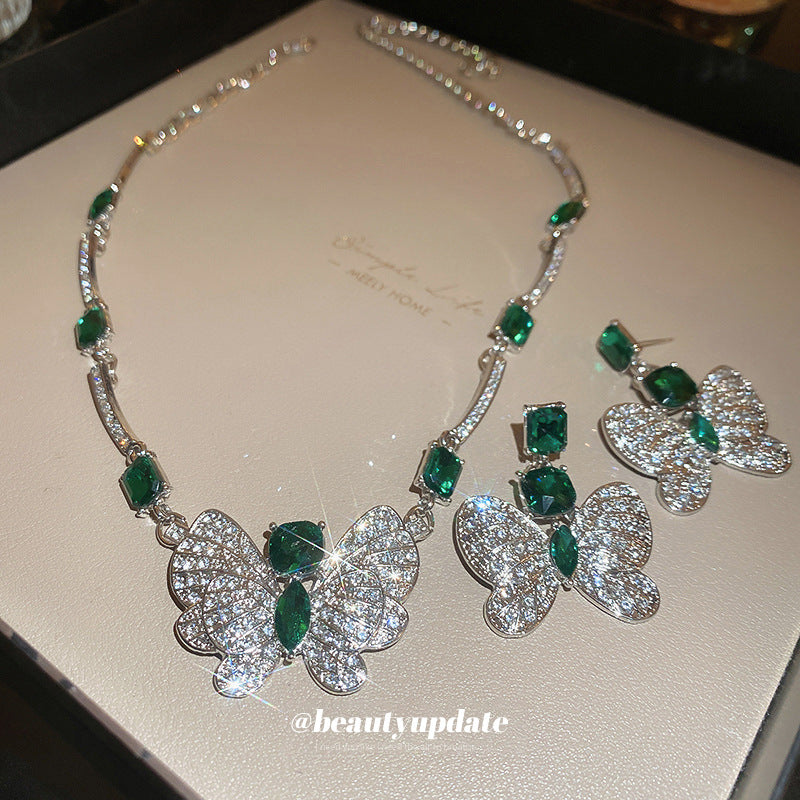 Butterfly Emerald Square Exaggerating Collarbone Light Luxury Jewelry Set