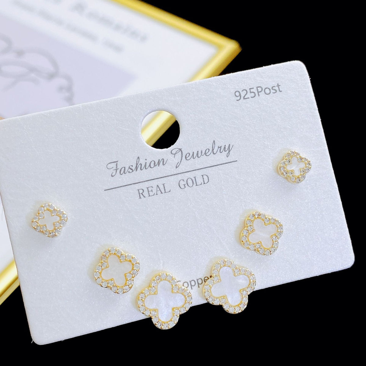 Exquisite Fashion Zircon Four-leaf Flower One Card Three Pairs Stud Earrings