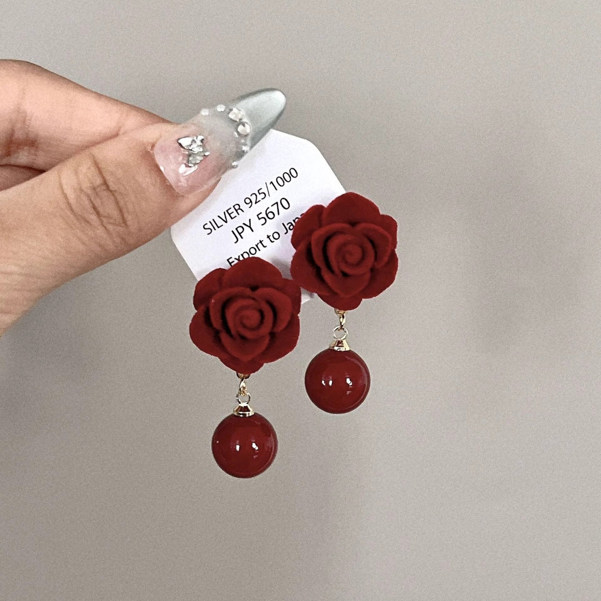 Brown Flocking Bow Bead Retro Red Earrings